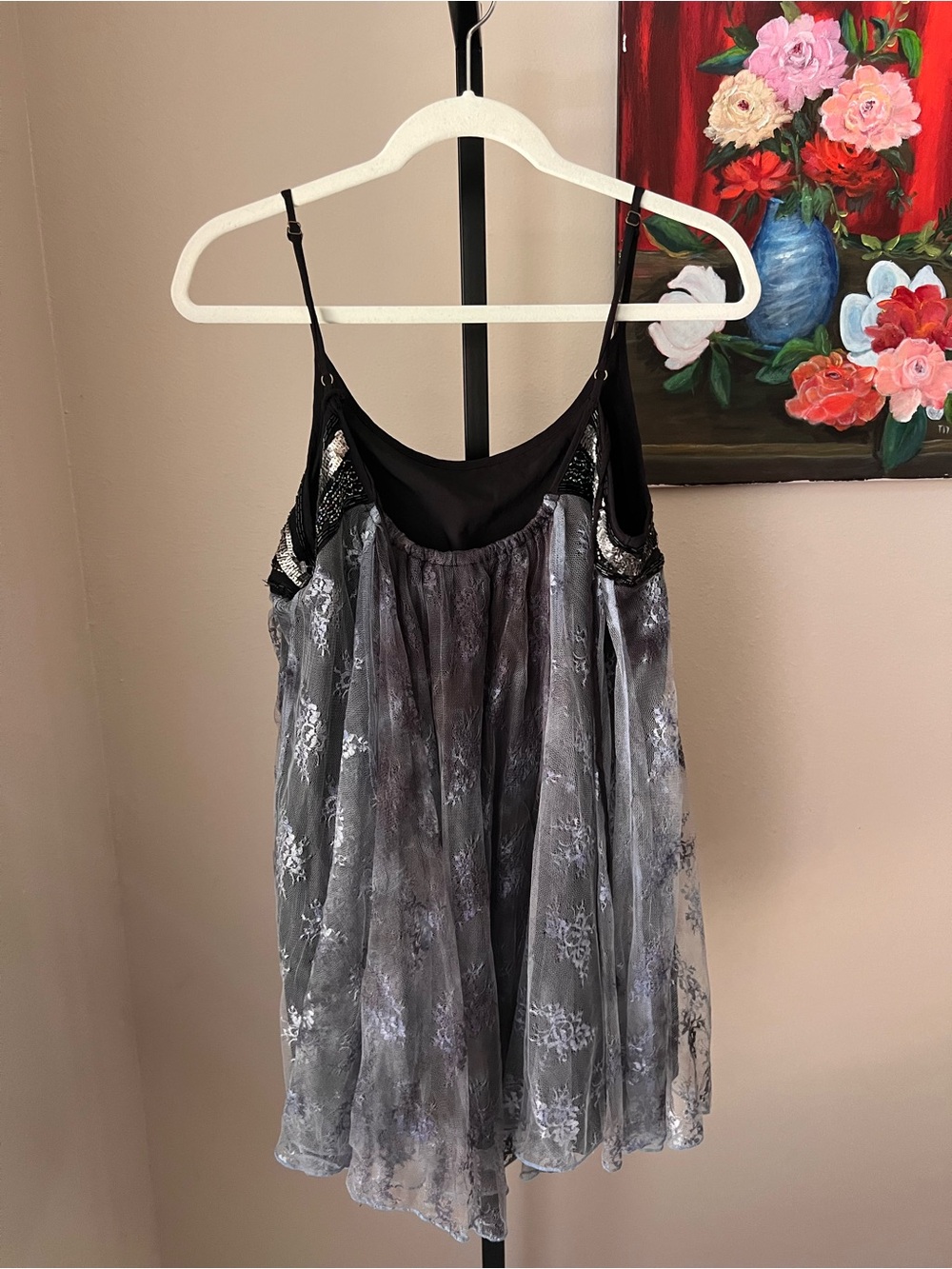 Ecoté urban outfitters Black Sequin Bodice Floral Mesh Slip Dress - Picture 5 of 8
